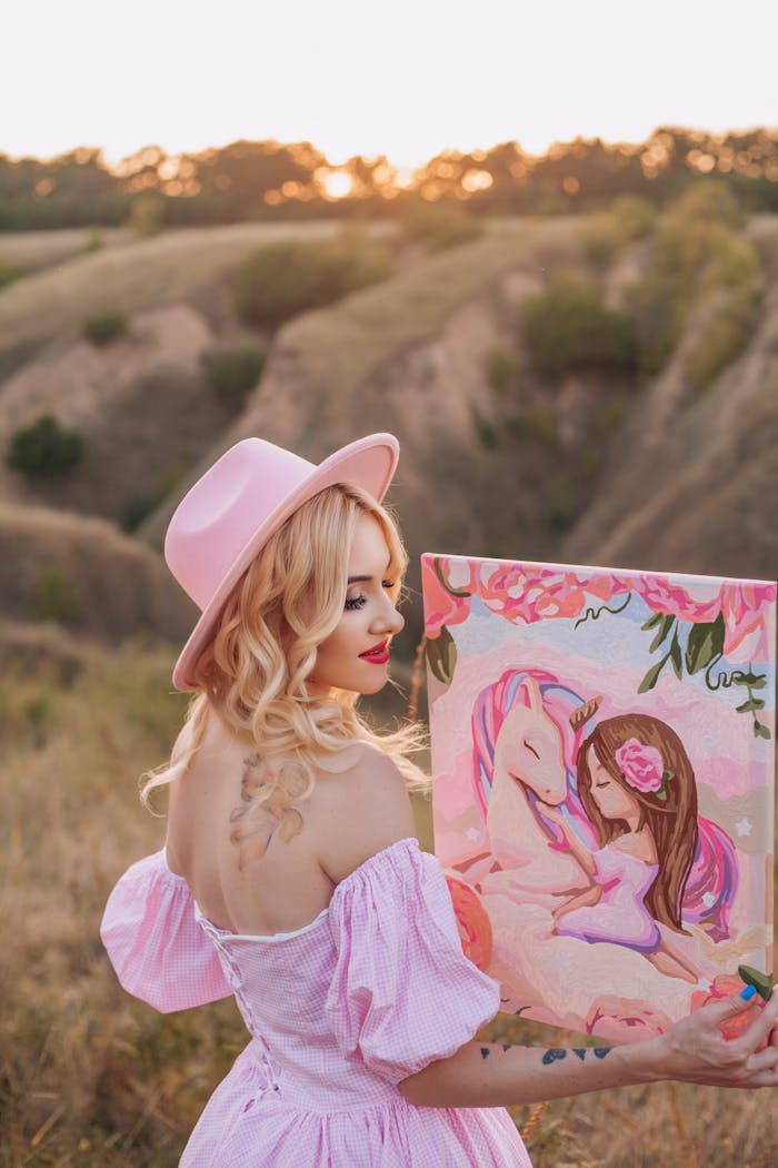 A blonde woman in a pink dress holding a colorful painting in a countryside setting.