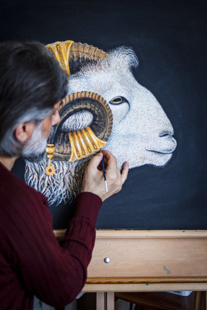 Artist skillfully painting a Capricorn symbol on canvas, featuring intricate ram depiction.
